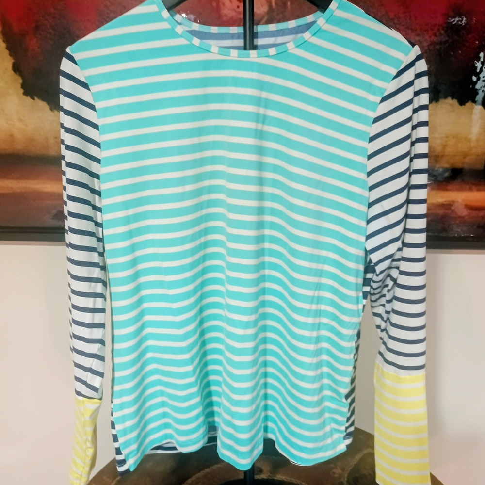Lands' End Striped in Aqua, Navy & Yellow Summer Shirt - Picture 1 of 4